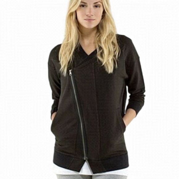 Lululemon Sweaters - Lululemon Black Asymmetric Striped Moto Jacket SZ Medium